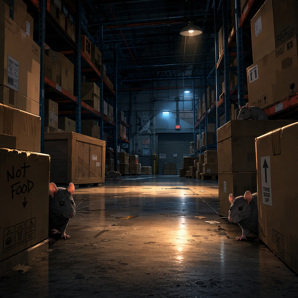 Digital art of rats in warehouse